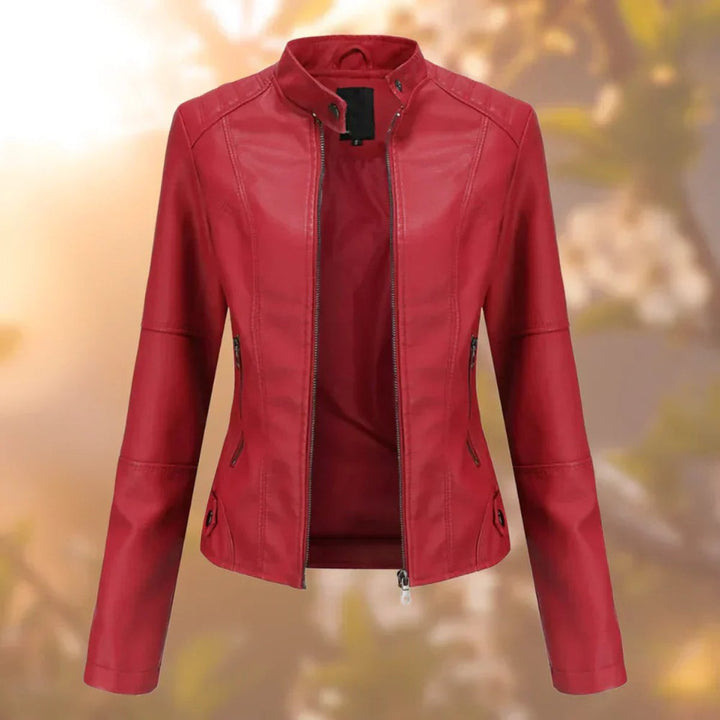 Dame Slim-Fit Lynlås Kunstlæder Leather Jacket Stående Krave - Rød
