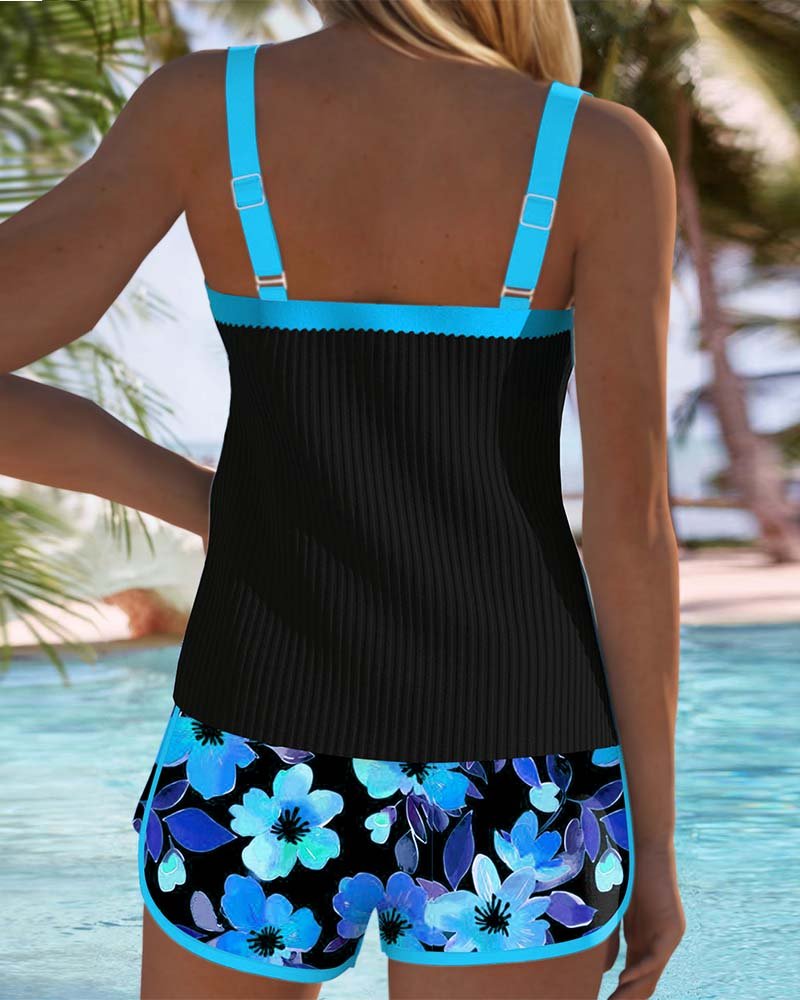 Dame Sort Ribbet Tankini Sæt med Mavekontrol