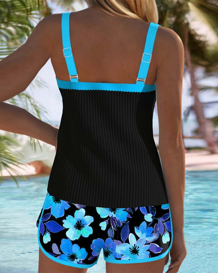 Dame Sort Ribbet Tankini Sæt med Mavekontrol
