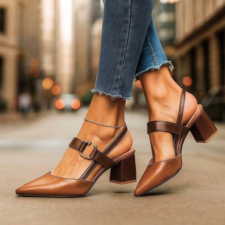 Dame Spids Blokhæl T-Rem Pumps - Brown