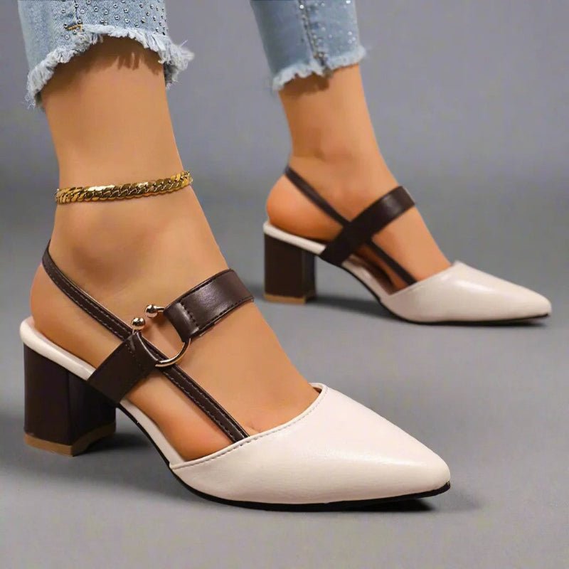 Dame Spids Blokhæl T-Rem Pumps - Beige