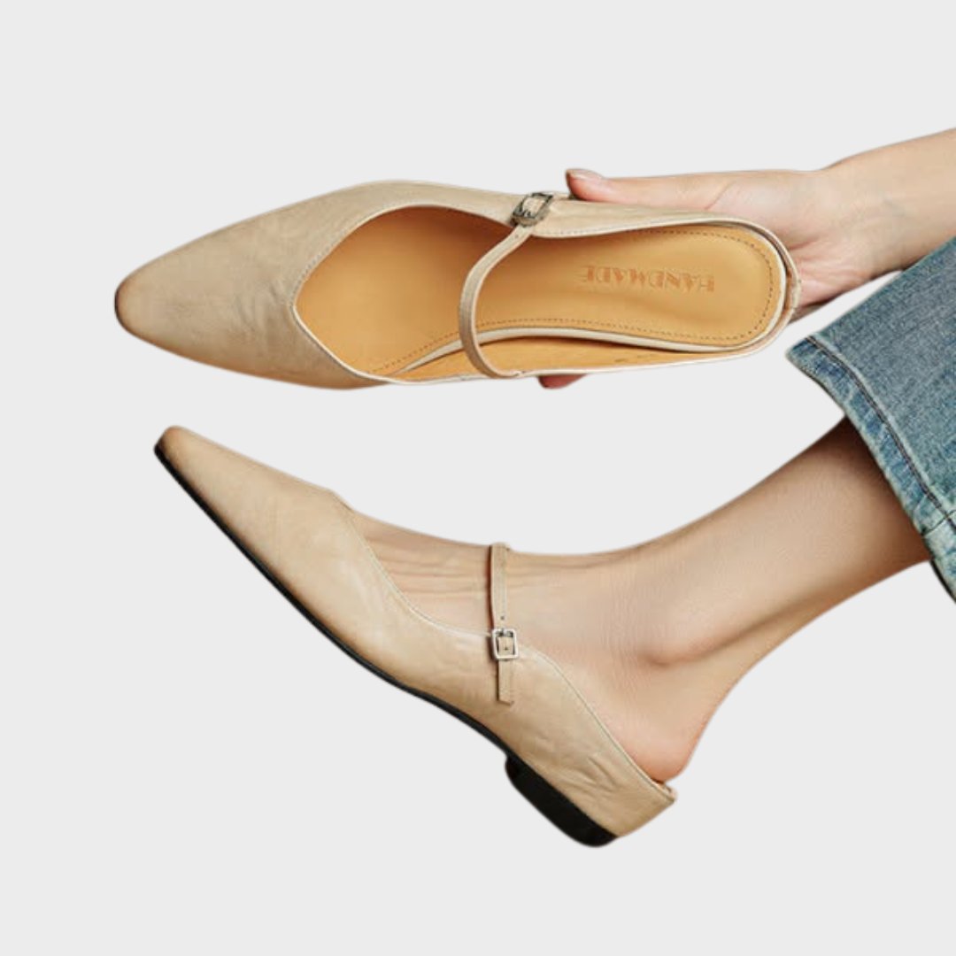 Dame Spidsnet Læder Mary Jane Mules Flade Slip-On Sko - Beige