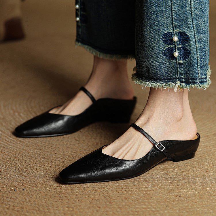 Dame Spidsnet Læder Mary Jane Mules Flade Slip-On Sko