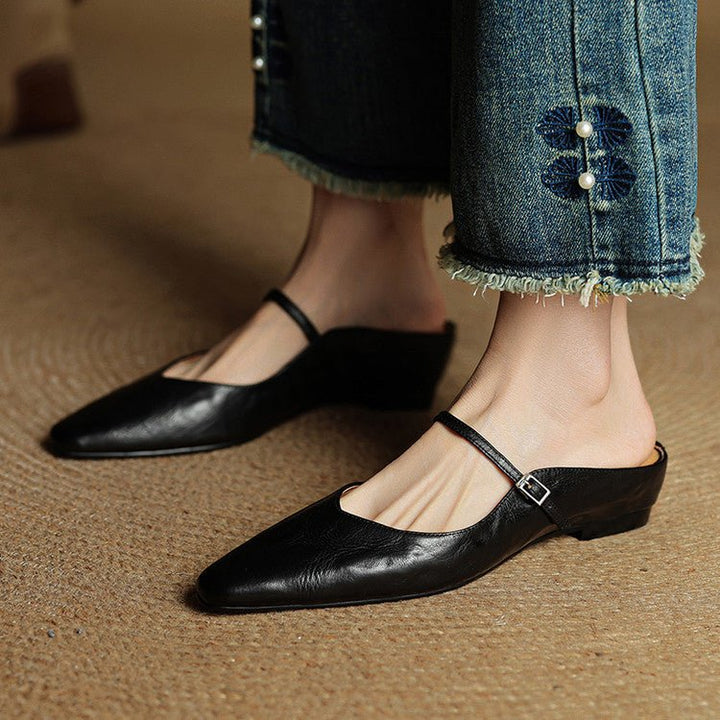 Dame Spidsnet Læder Mary Jane Mules Flade Slip-On Sko