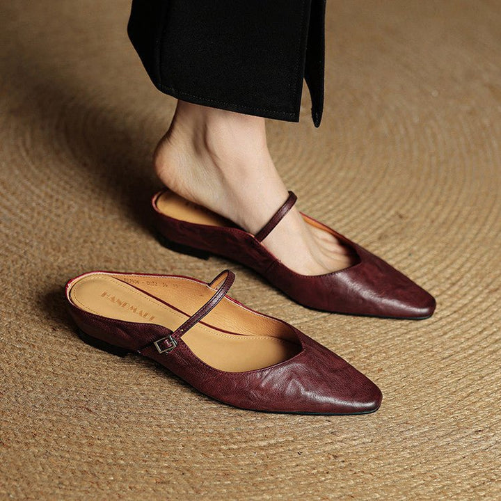 Dame Spidsnet Læder Mary Jane Mules Flade Slip-On Sko - Braun