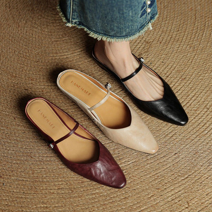 Dame Spidsnet Læder Mary Jane Mules Flade Slip-On Sko