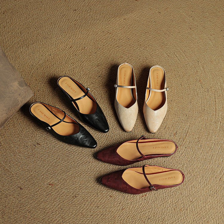 Dame Spidsnet Læder Mary Jane Mules Flade Slip-On Sko