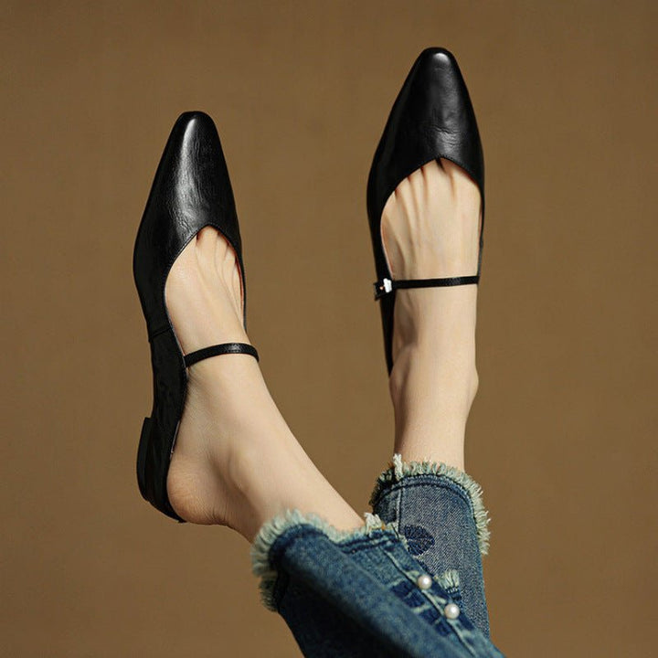 Dame Spidsnet Læder Mary Jane Mules Flade Slip-On Sko - Schwarz