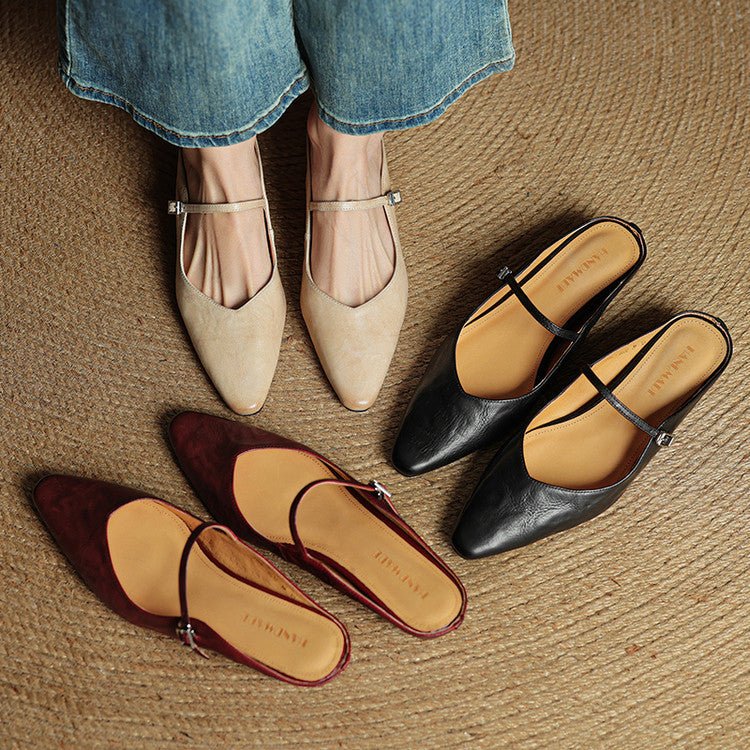 Dame Spidsnet Læder Mary Jane Mules Flade Slip-On Sko