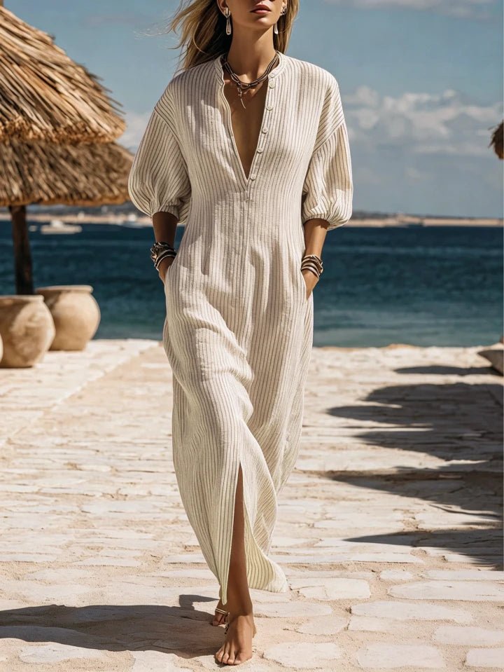 Dame Stribet Knap-Ned Midi Kjole - White