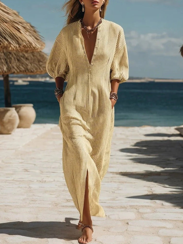 Dame Stribet Knap-Ned Midi Kjole - Yellow
