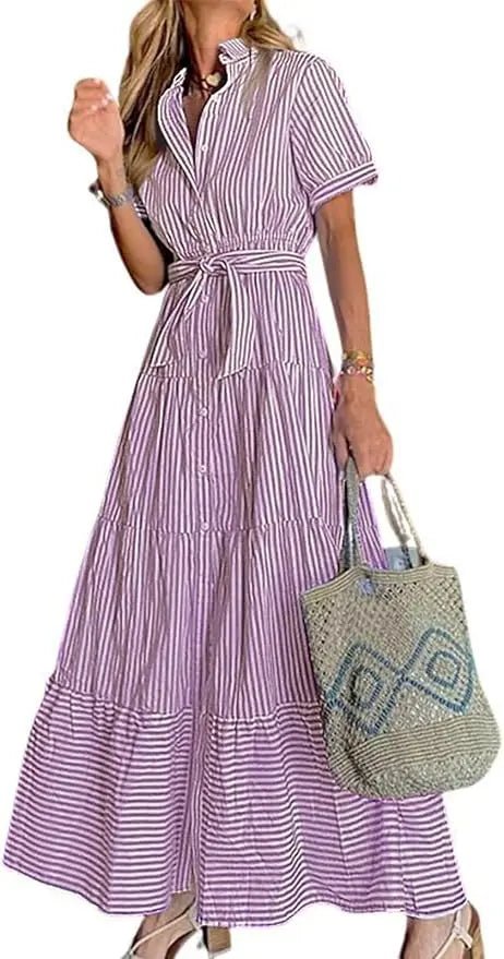Dame Stribet Maxi Skjortekjole med Bindebånd og Volant - Purple