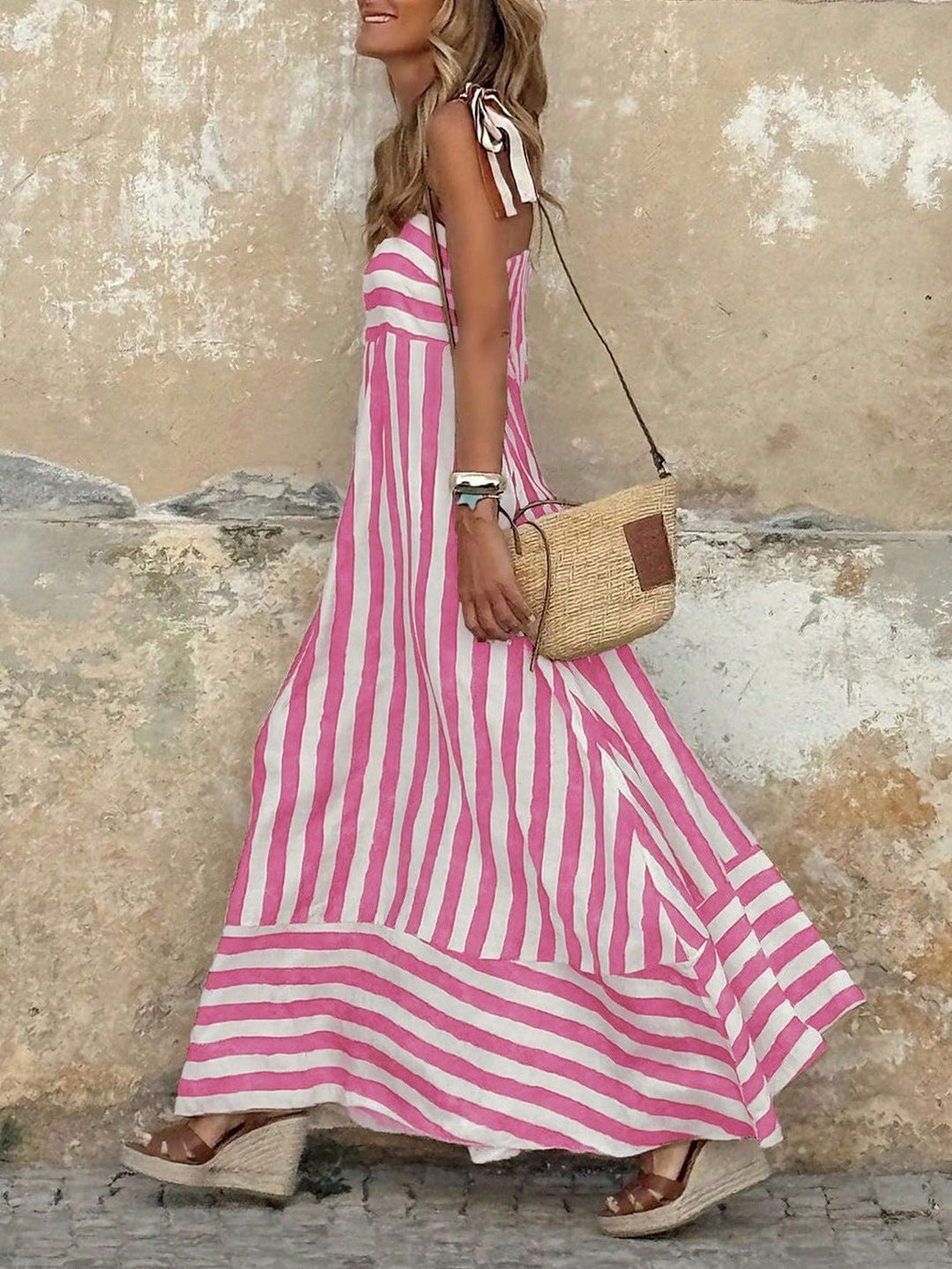 Dame Stribet Spaghettistrop Maxi Kjole Fuld Nederdel - Pink