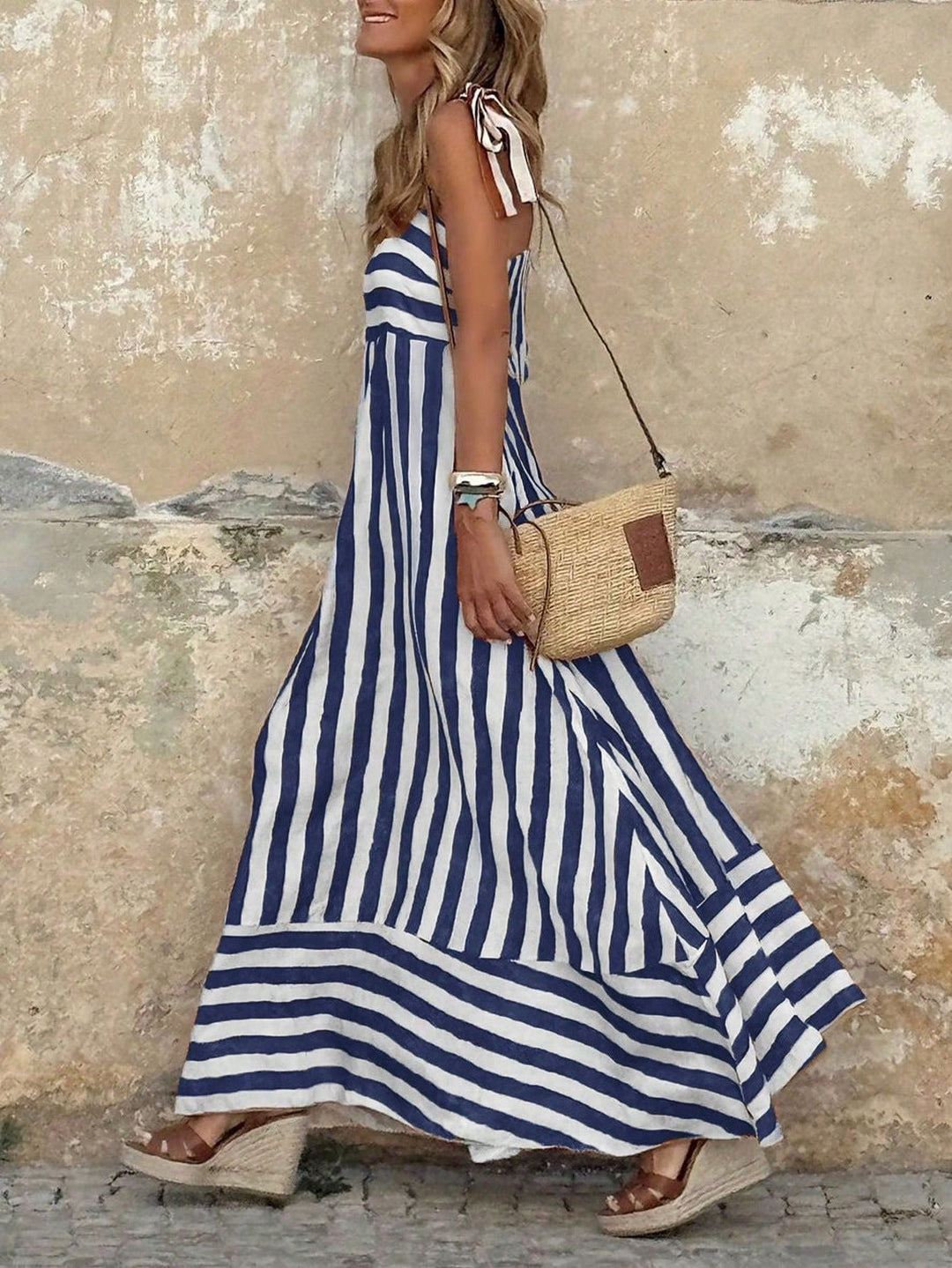 Dame Stribet Spaghettistrop Maxi Kjole Fuld Nederdel - Blue