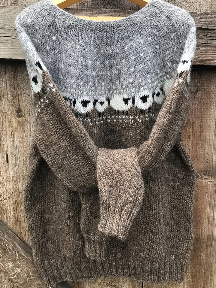 Dame Strikket Sweater med Fåre-Jacquardmønster Rundhals - Gray