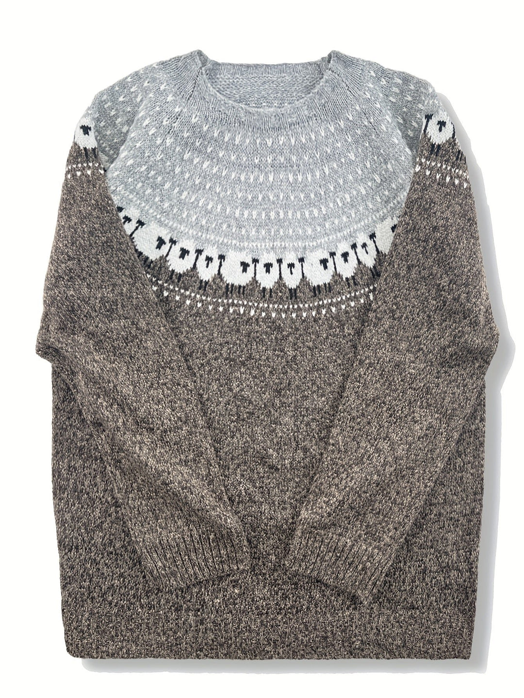 Dame Strikket Sweater med Fåre-Jacquardmønster Rundhals