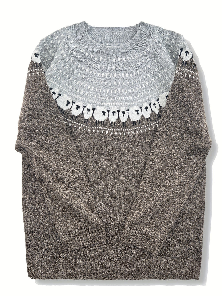 Dame Strikket Sweater med Fåre-Jacquardmønster Rundhals