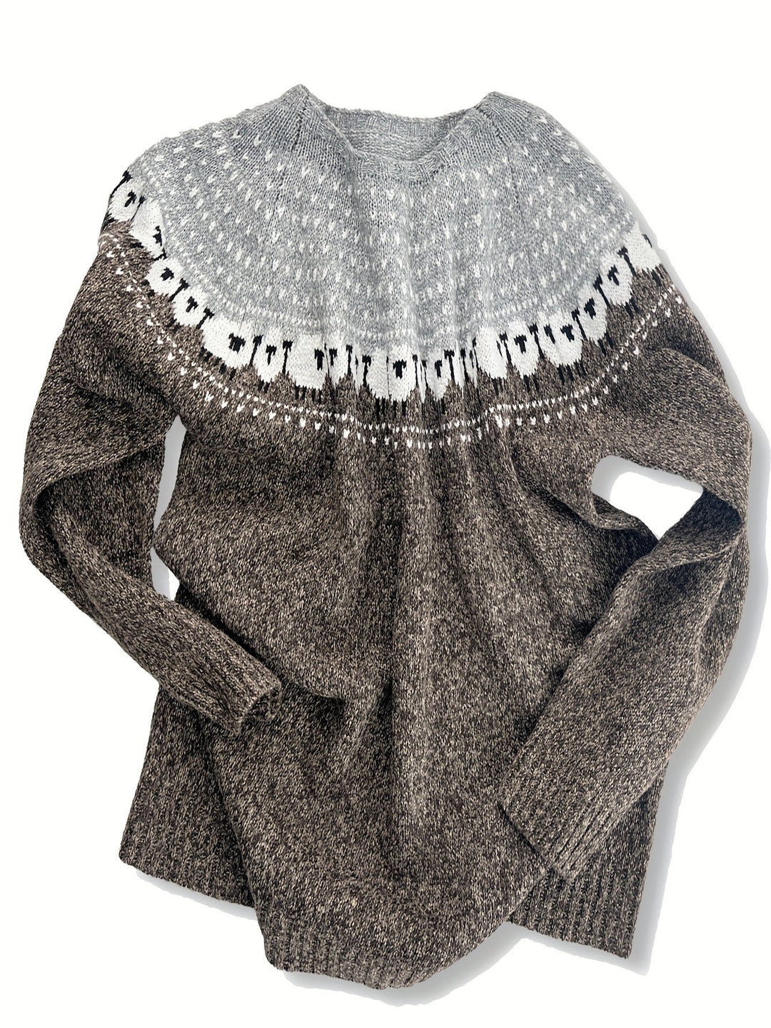 Dame Strikket Sweater med Fåre-Jacquardmønster Rundhals