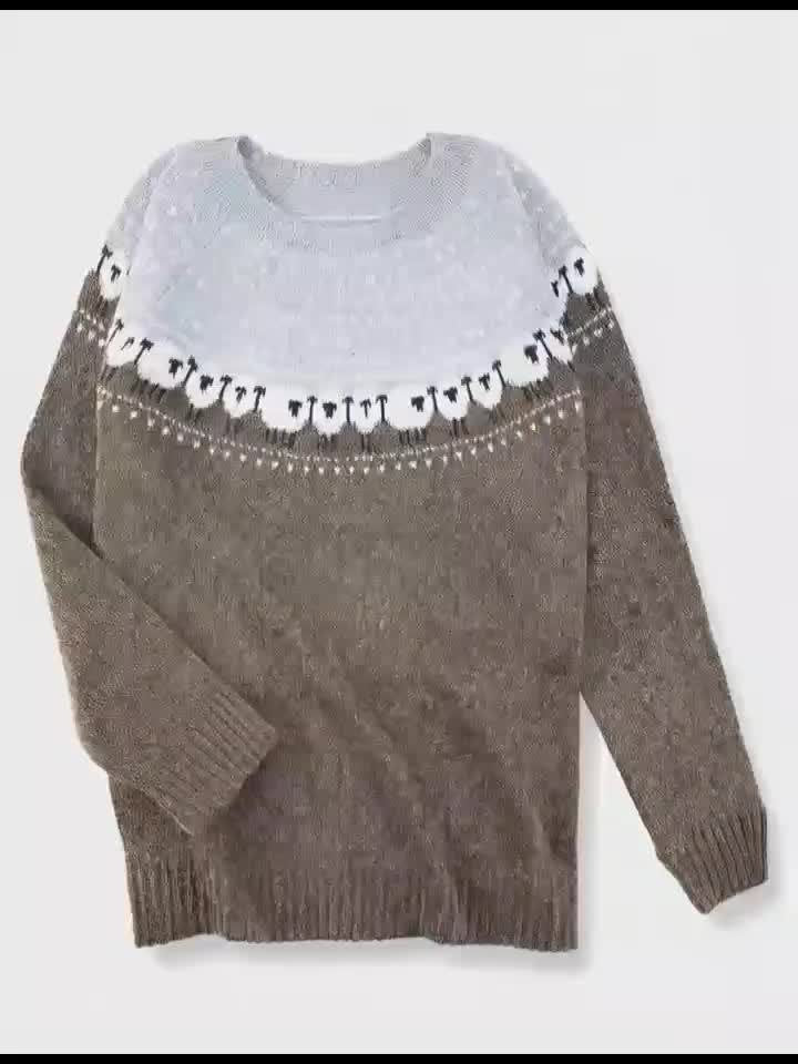 Dame Strikket Sweater med Fåre-Jacquardmønster Rundhals