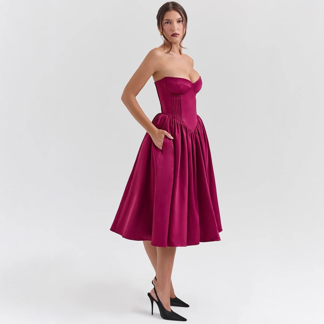 Dame Stropløs Cocktail Dress med Korsetovertop Voluminøst Skørt - Magenta