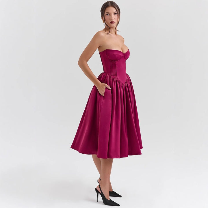 Dame Stropløs Cocktail Dress med Korsetovertop Voluminøst Skørt - Magenta