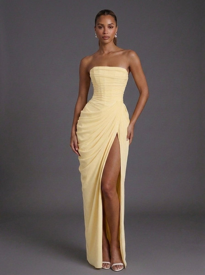 Dame Stropløs Corsage Ruched Split Maxi Bryllupsgæst Kjole - Butter Yellow