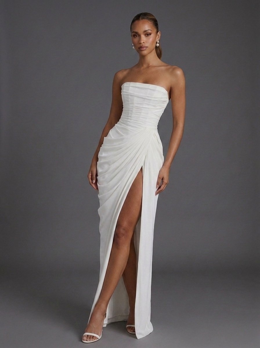 Dame Stropløs Corsage Ruched Split Maxi Bryllupsgæst Kjole - White