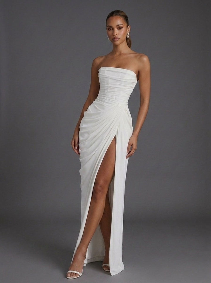 Dame Stropløs Corsage Ruched Split Maxi Bryllupsgæst Kjole - White