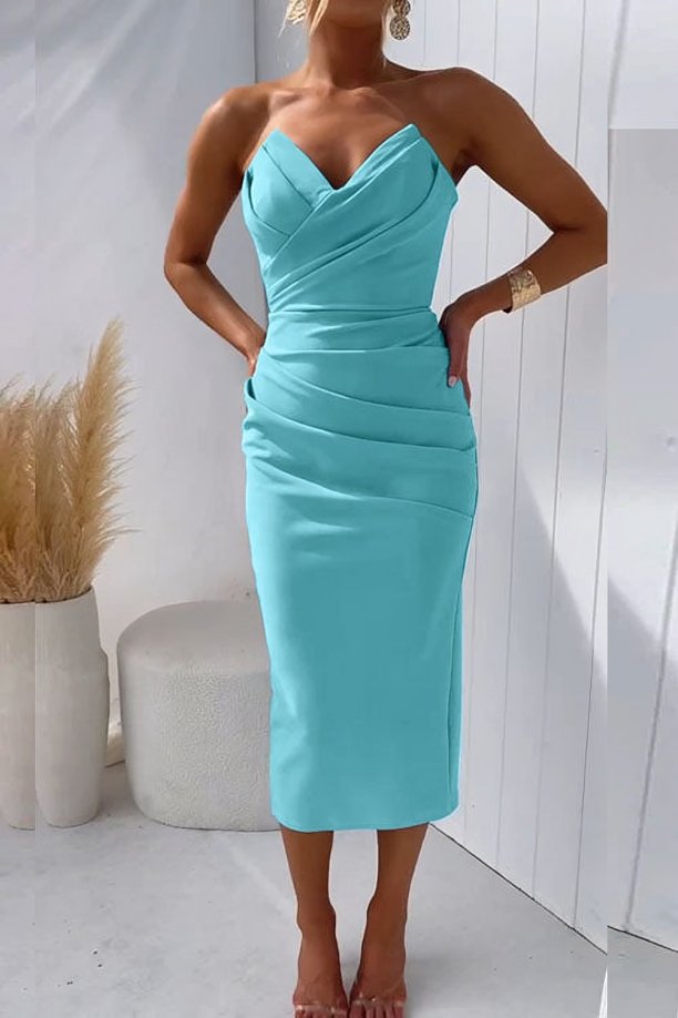 Dame Stropløs Midi Cocktailkjole - Turquoise