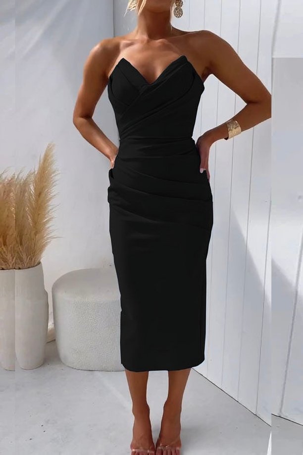 Dame Stropløs Midi Cocktailkjole - Black