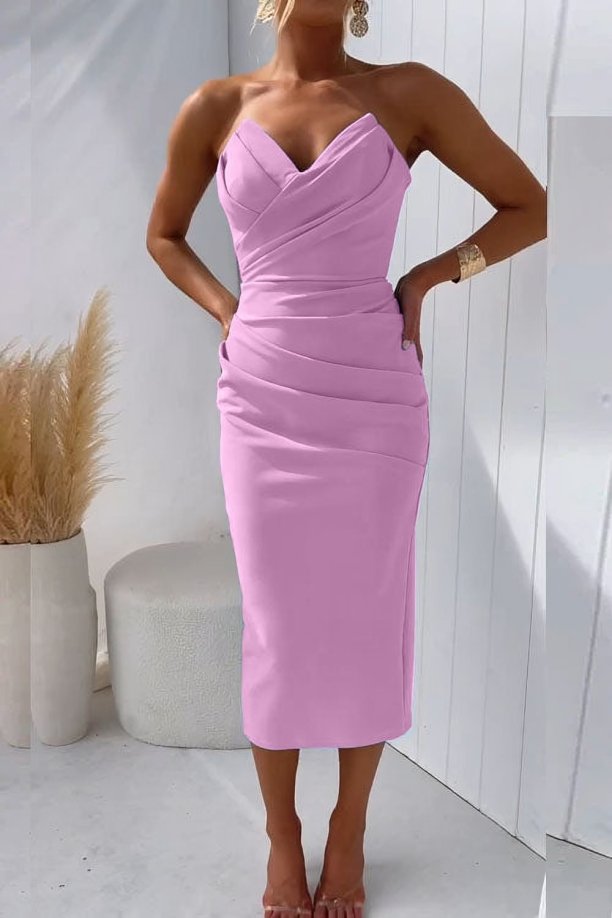 Dame Stropløs Midi Cocktailkjole - Pink