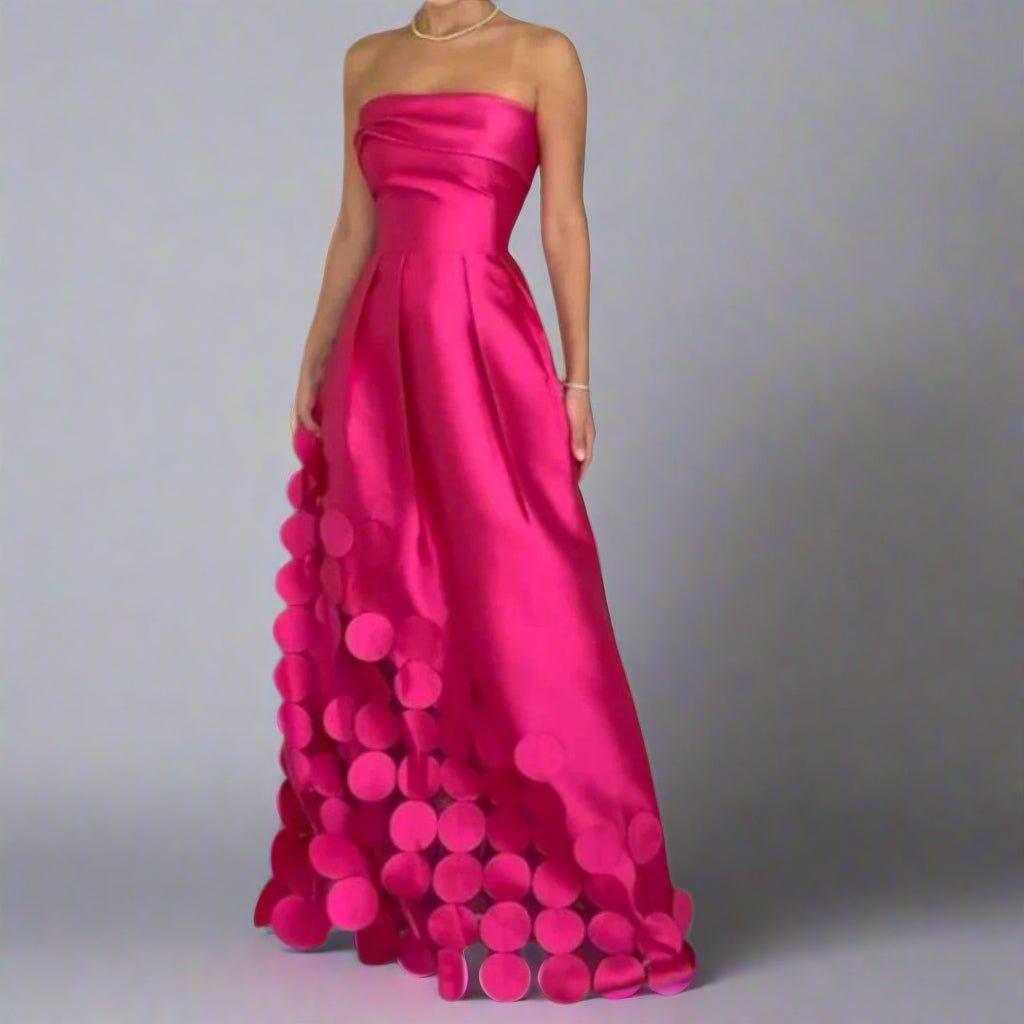 Dame Stropløs Satinlook Maxi Aftenkjole Cirkulære Detaljer - Pink