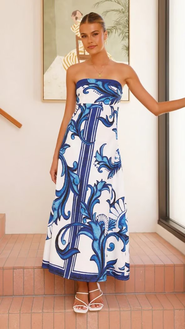 Dame Stropløs Vintage-Printet Maxi Rørkjole - Blue