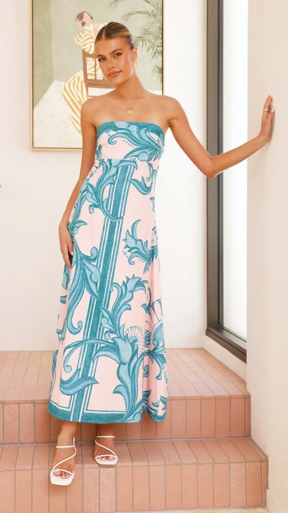 Dame Stropløs Vintage-Printet Maxi Rørkjole - Light Blue