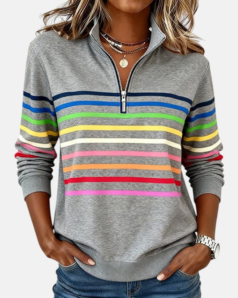 Dame Sweatshirt Regnbue Stribet Lynlås - Gray