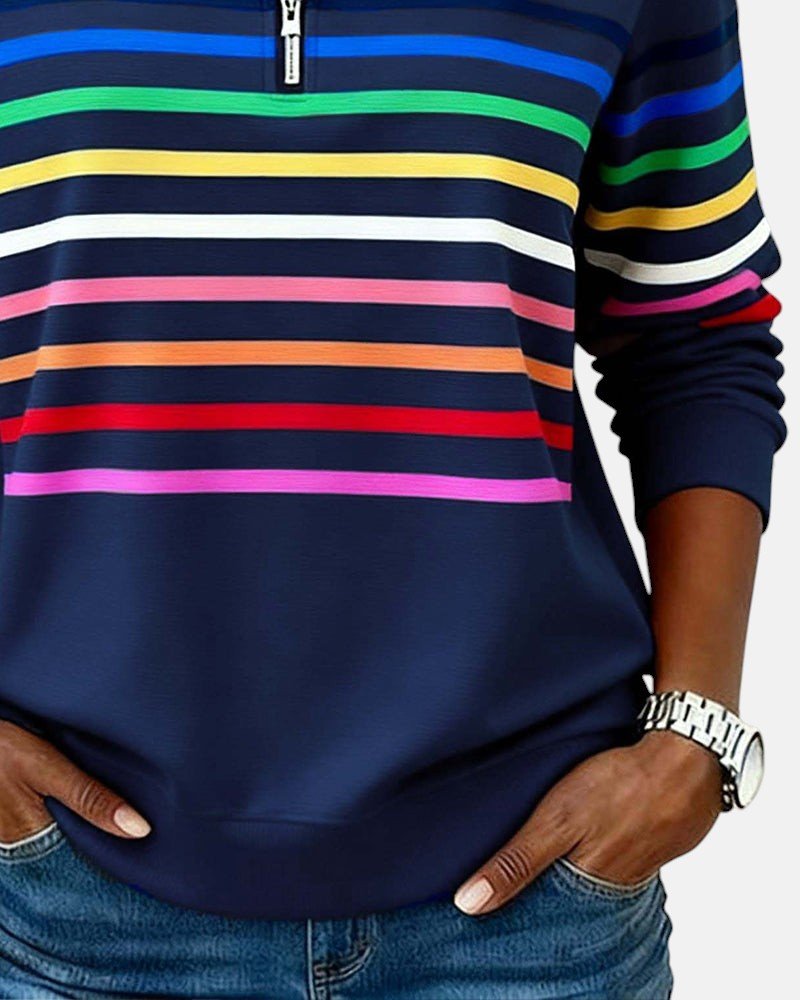 Dame Sweatshirt Regnbue Stribet Lynlås