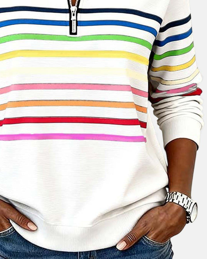 Dame Sweatshirt Regnbue Stribet Lynlås