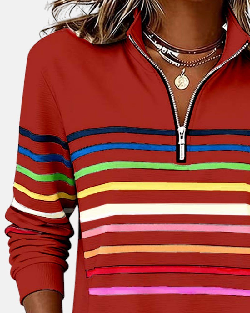 Dame Sweatshirt Regnbue Stribet Lynlås