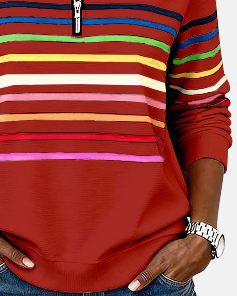 Dame Sweatshirt Regnbue Stribet Lynlås