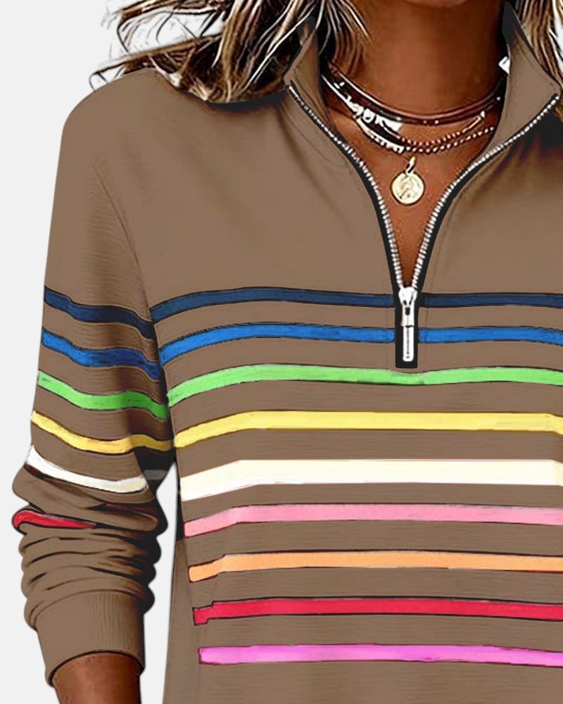 Dame Sweatshirt Regnbue Stribet Lynlås