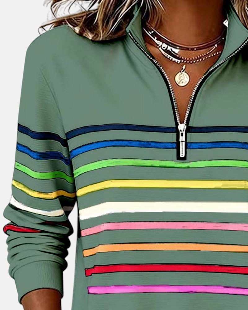 Dame Sweatshirt Regnbue Stribet Lynlås