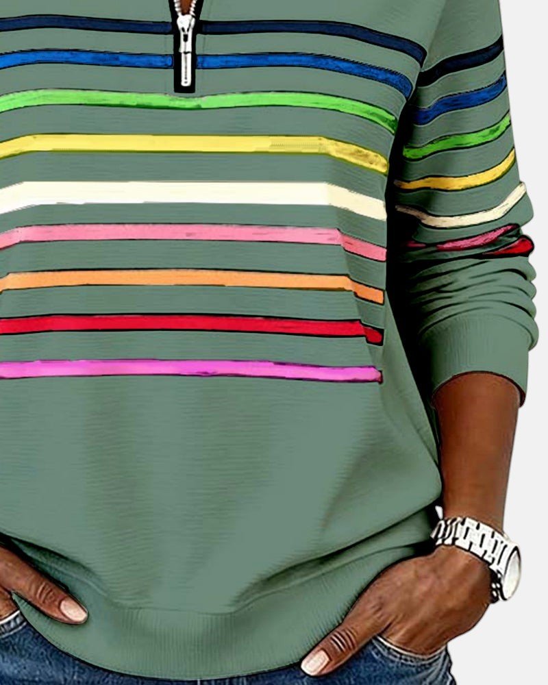 Dame Sweatshirt Regnbue Stribet Lynlås