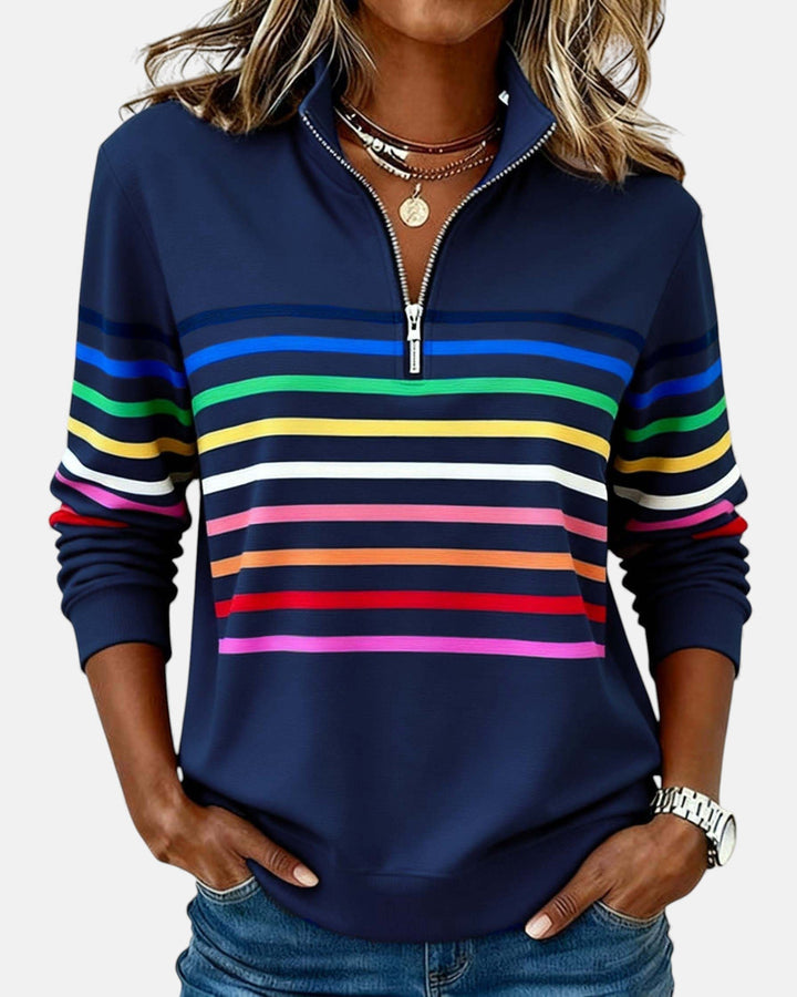 Dame Sweatshirt Regnbue Stribet Lynlås - Navy Blue