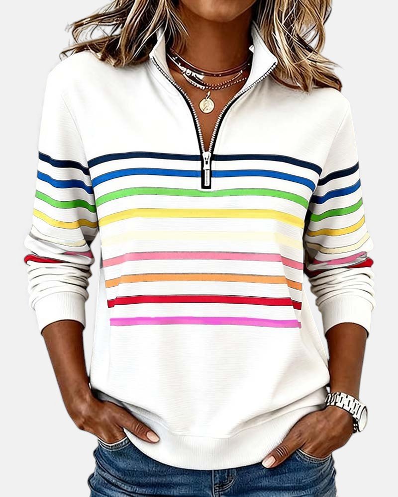 Dame Sweatshirt Regnbue Stribet Lynlås - White