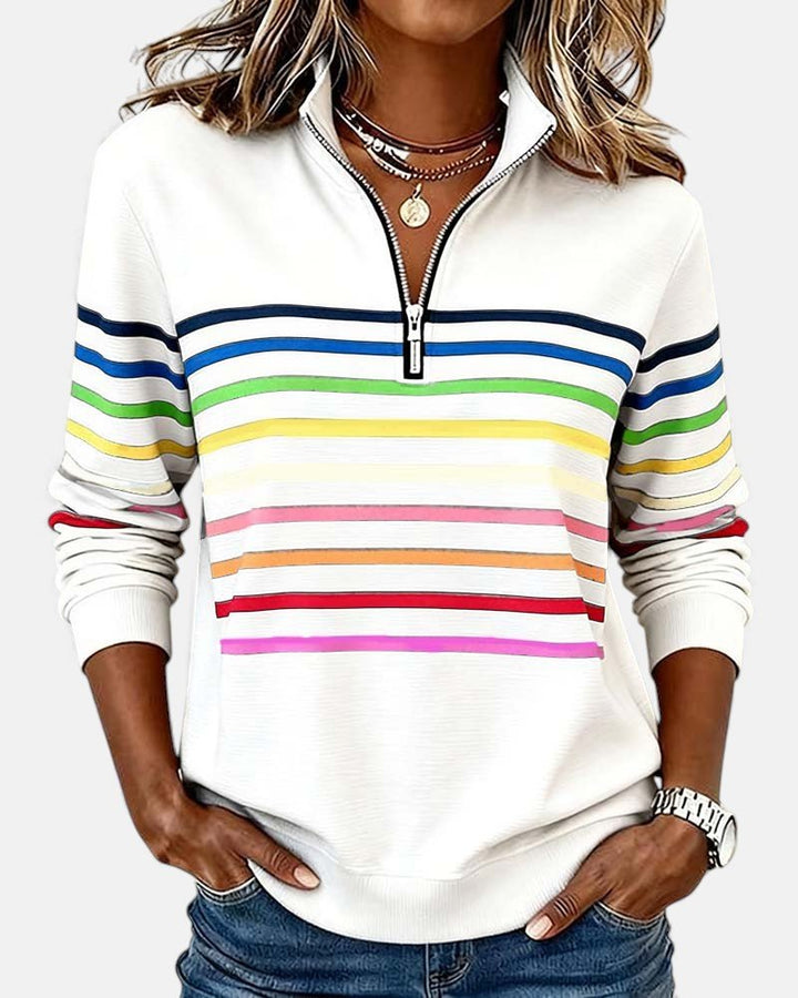 Dame Sweatshirt Regnbue Stribet Lynlås - White
