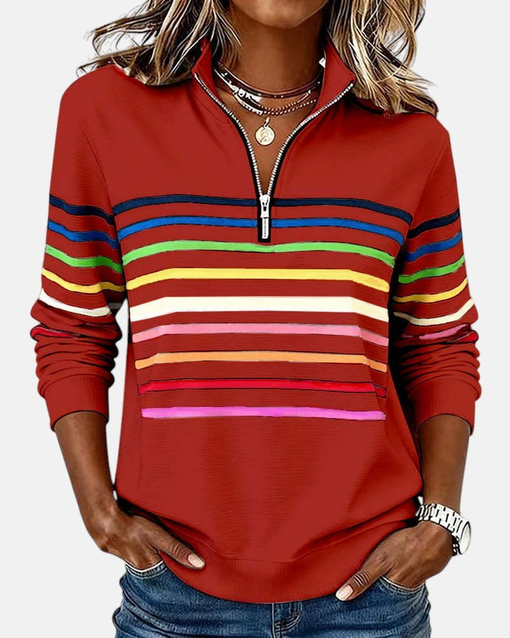 Dame Sweatshirt Regnbue Stribet Lynlås - Red