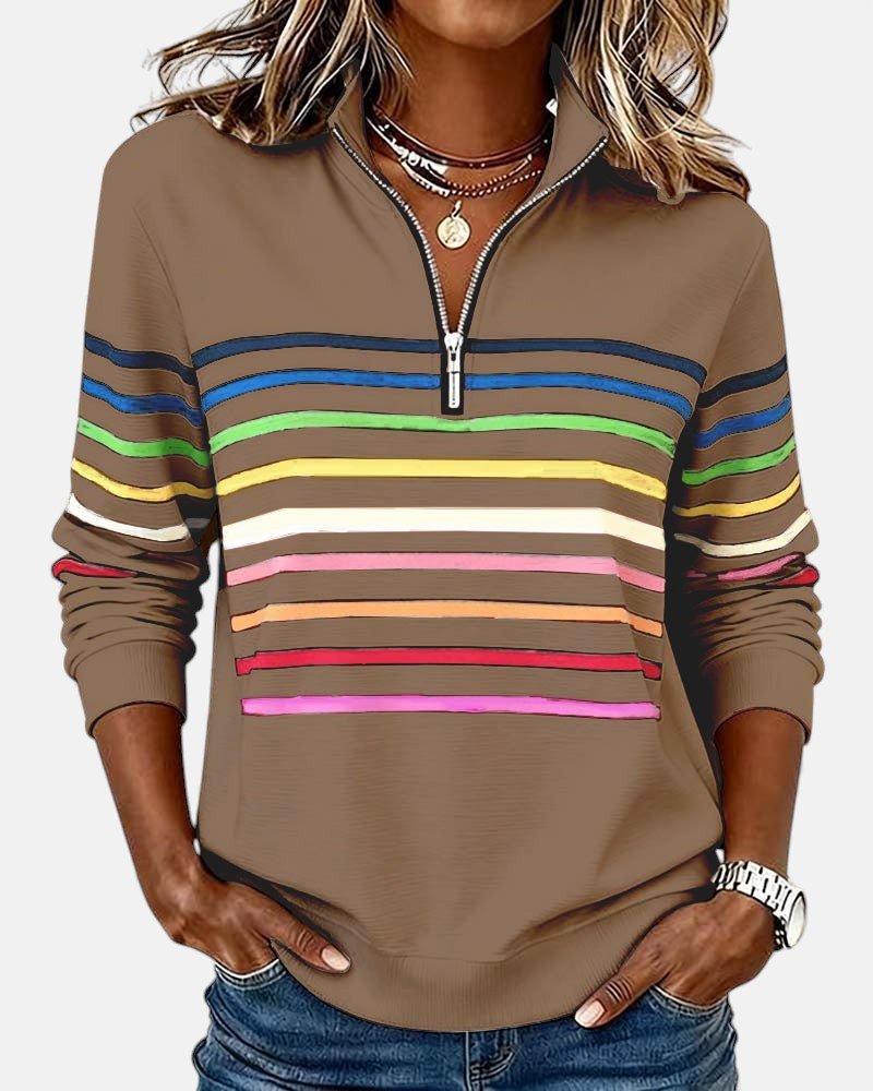 Dame Sweatshirt Regnbue Stribet Lynlås - Khaki