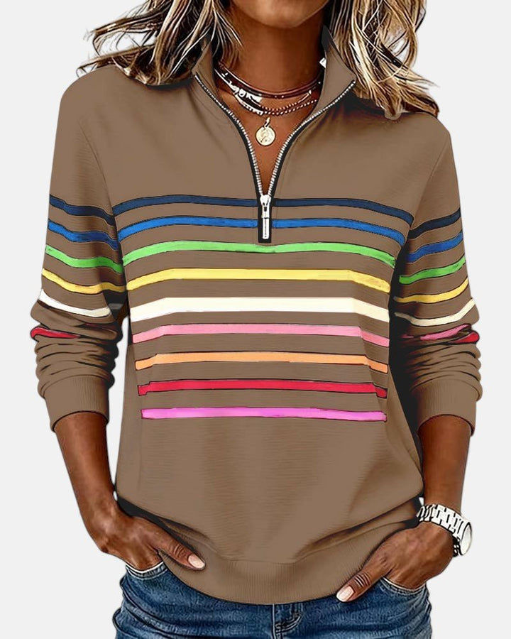 Dame Sweatshirt Regnbue Stribet Lynlås - Khaki
