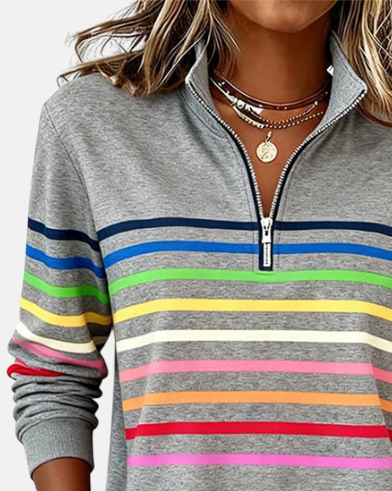 Dame Sweatshirt Regnbue Stribet Lynlås