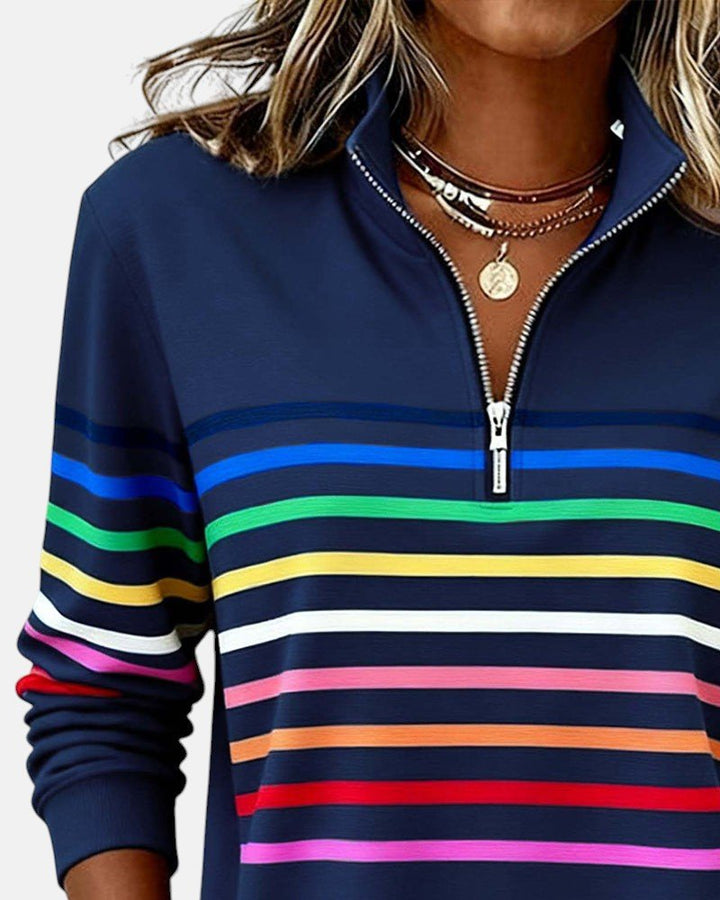 Dame Sweatshirt Regnbue Stribet Lynlås